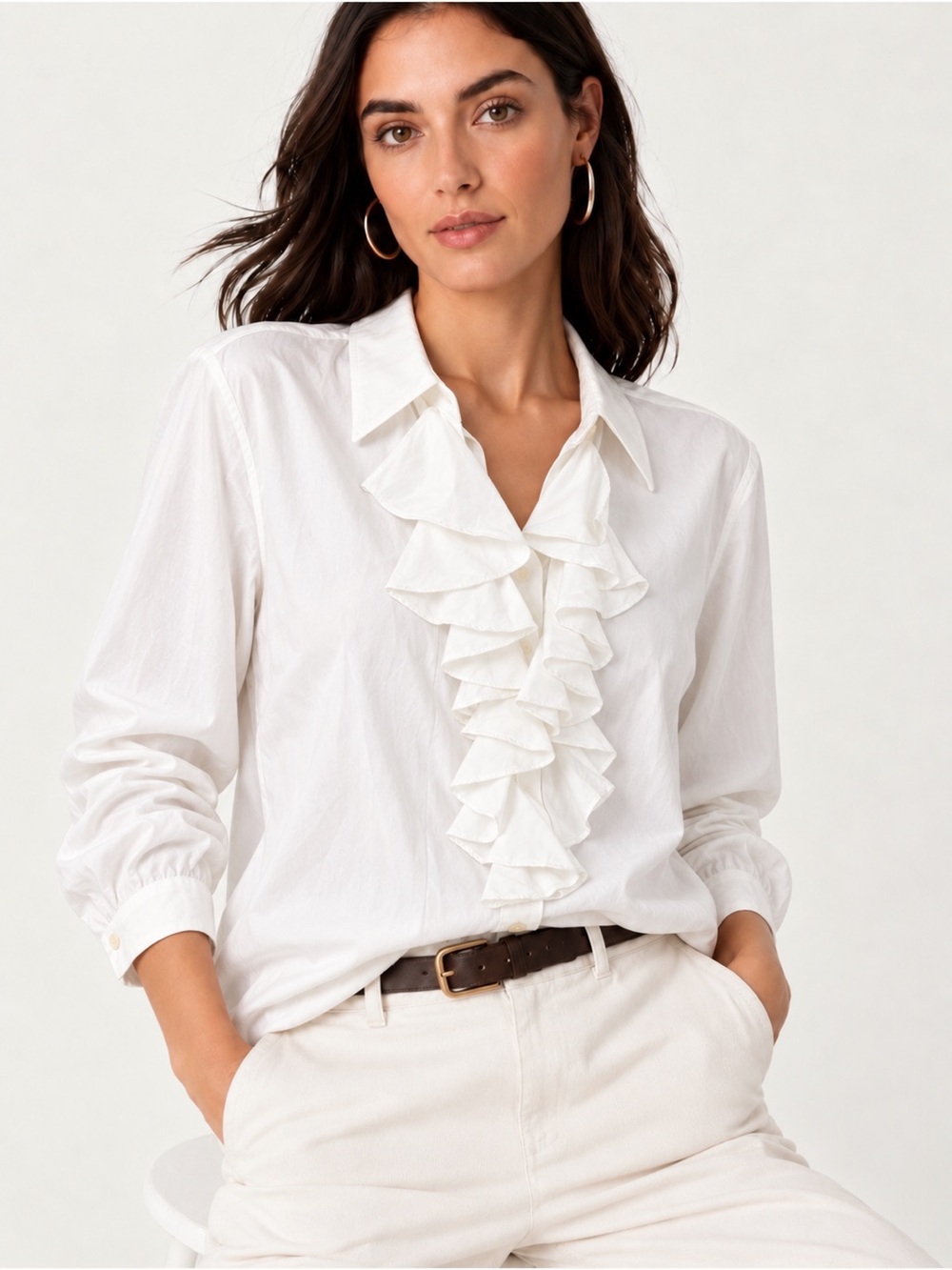 Lauren Ralph Lauren White Cotton Ruffle Shirt Jabot Blouse Shirt L Romantic Y2K